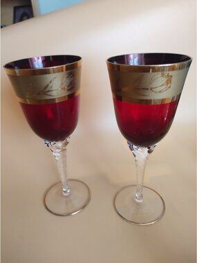Vintage Bohemian Wine Glass Cranberry with Gold Gilt set of two Ruckl & Sons